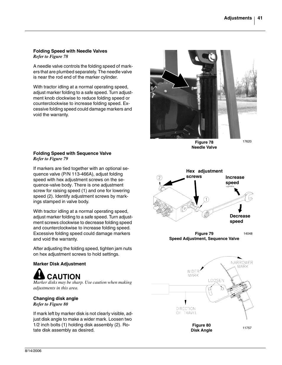 Folding speed with needle valves, Folding speed with sequence valve, Marker disk adjustment | Changing disk angle, Caution | Great Plains 2420F Operator Manual User Manual | Page 43 / 64