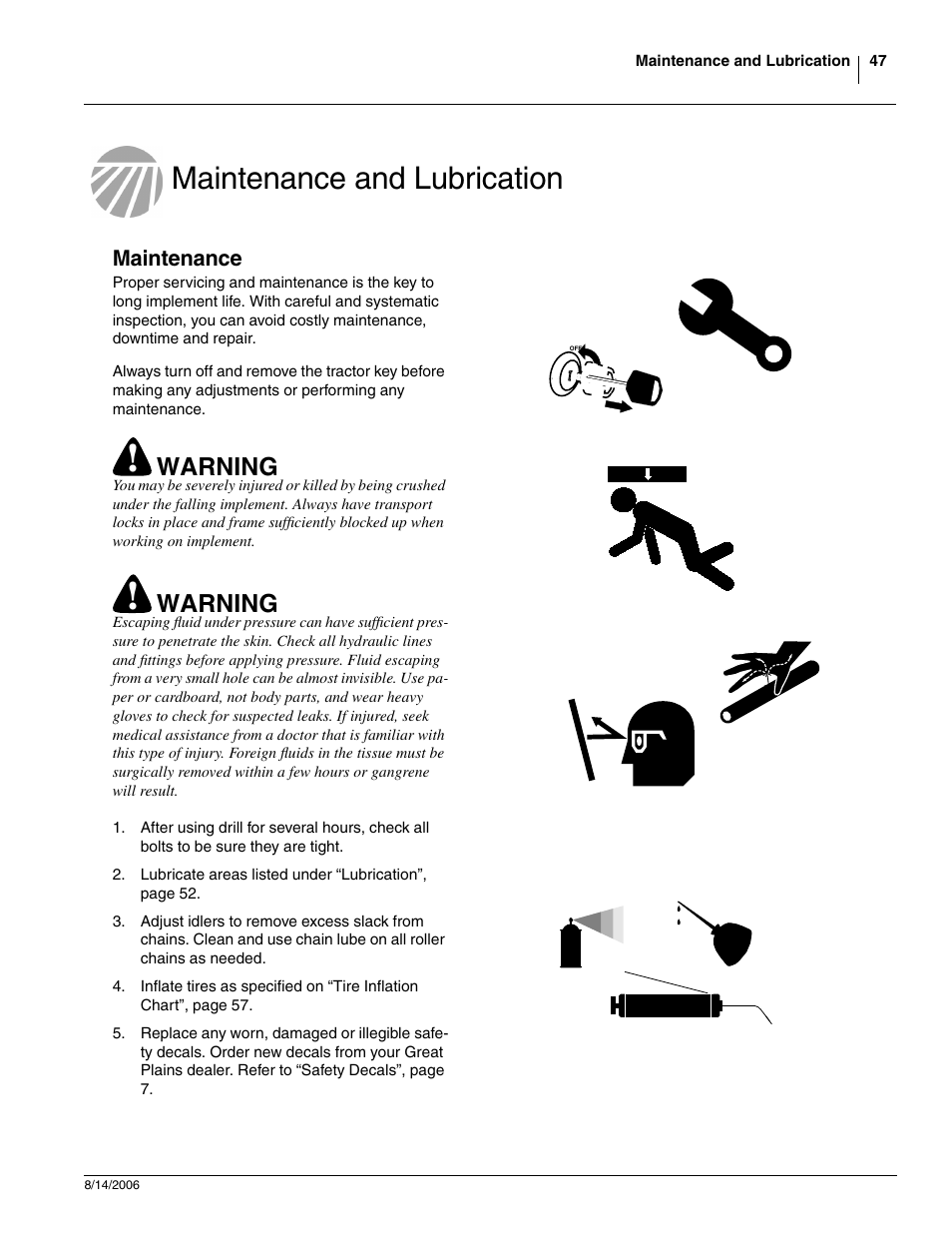 Maintenance and lubrication, Maintenance, Warning | Great Plains 2420F Operator Manual User Manual | Page 49 / 64