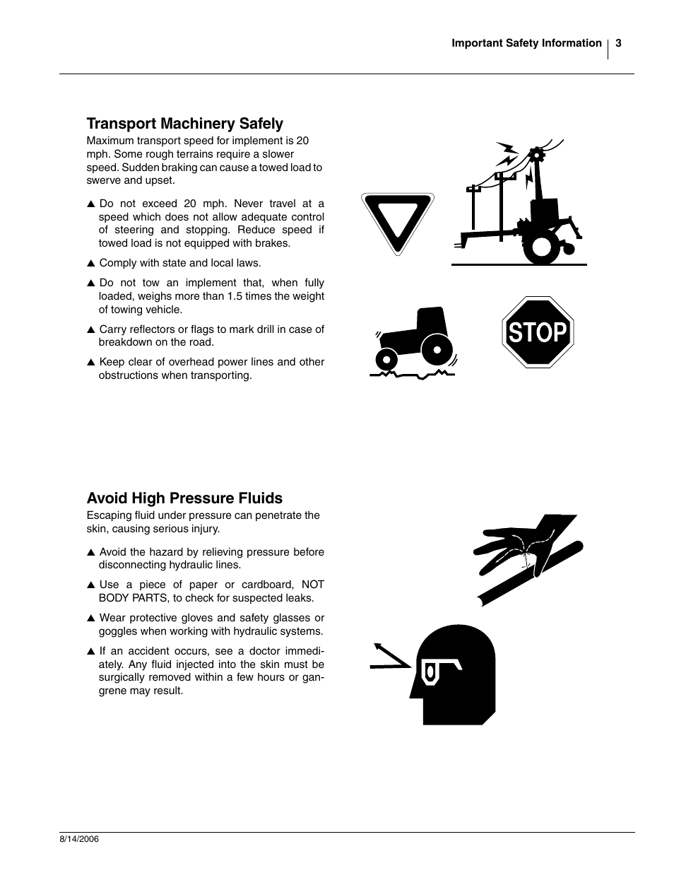 Transport machinery safely, Avoid high pressure fluids | Great Plains 2420F Operator Manual User Manual | Page 5 / 64