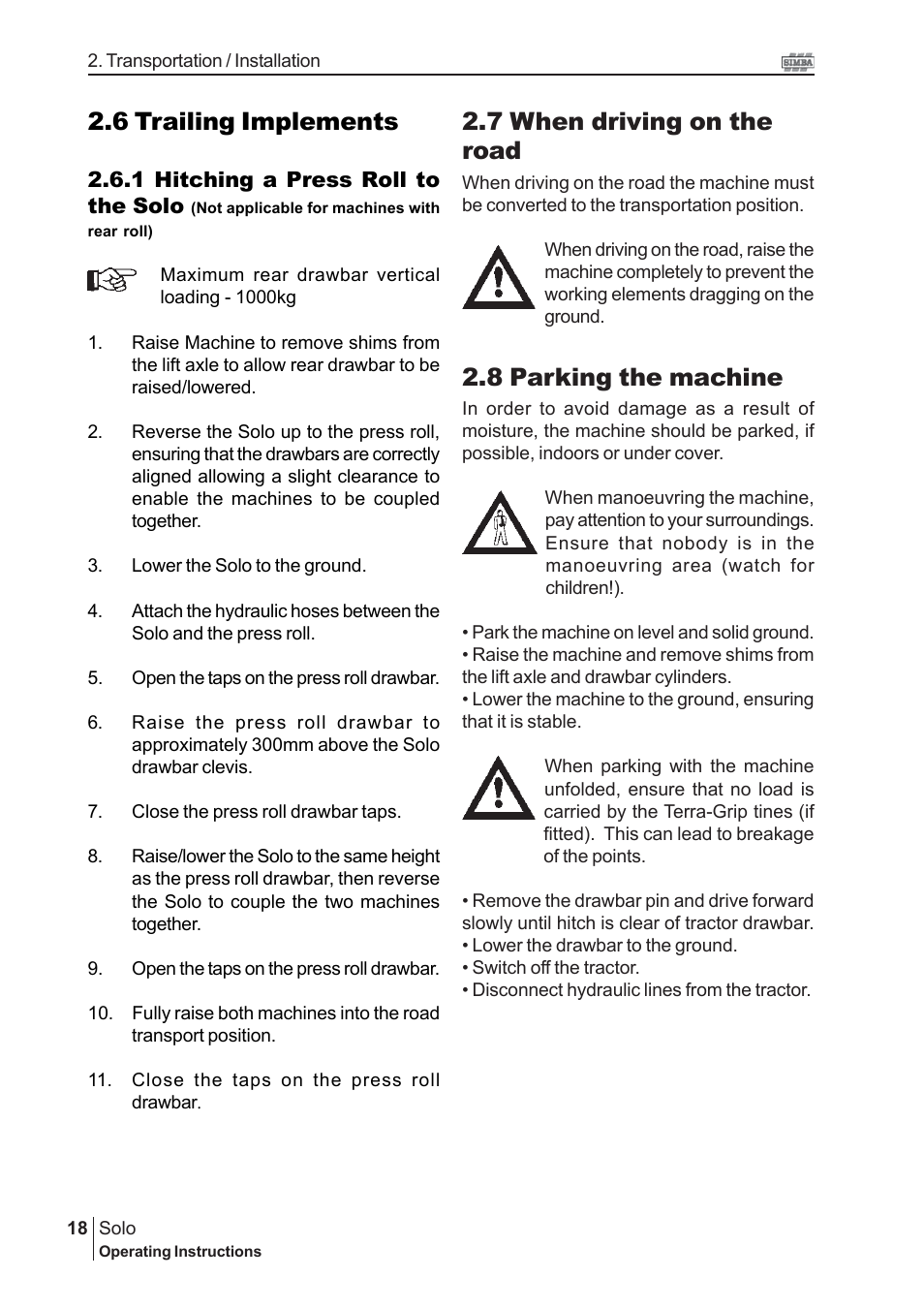 6 trailing implements, 7 when driving on the road, 8 parking the machine | Great Plains P15240 Serial No 12880 User Manual | Page 18 / 40