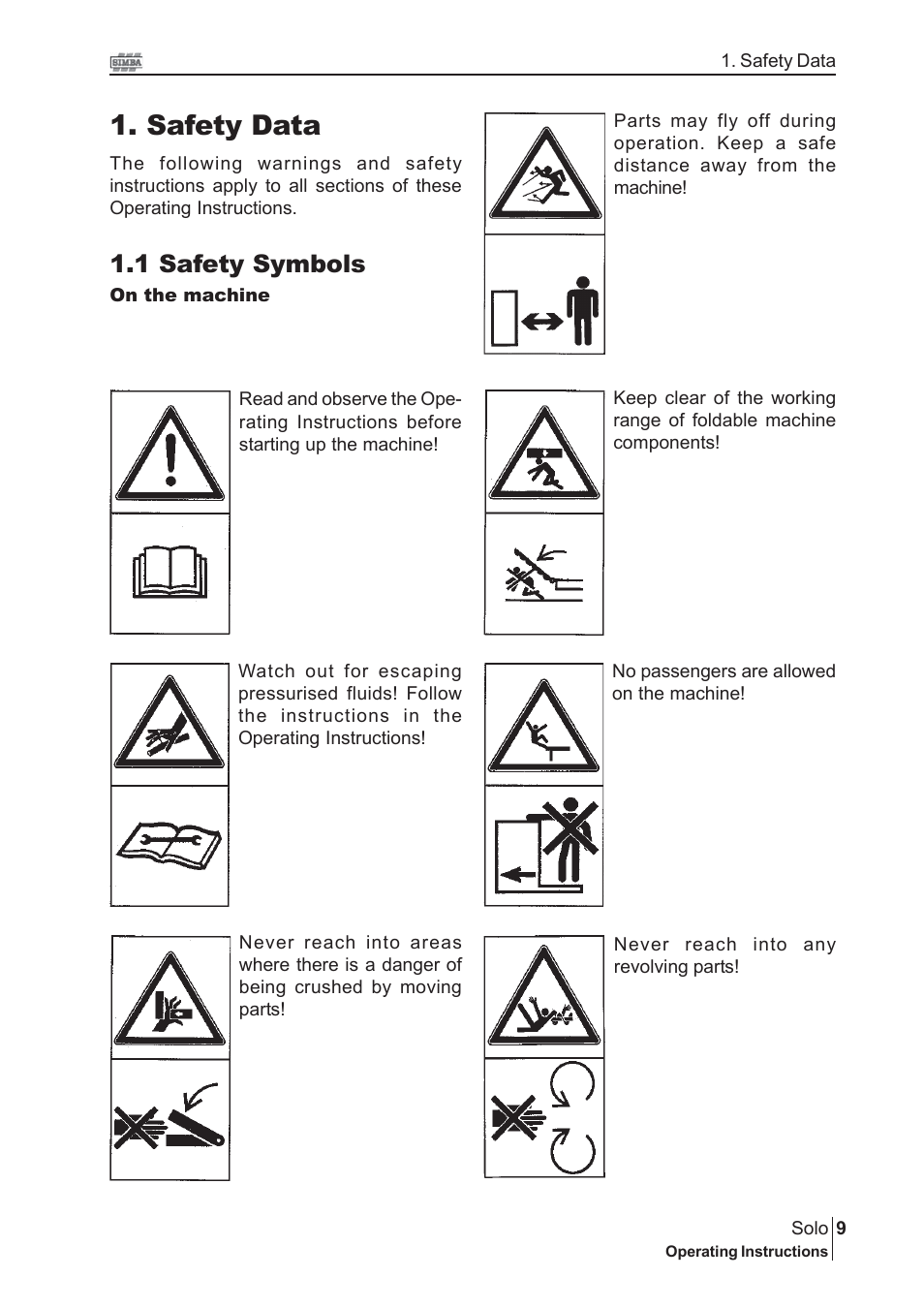 Safety data, 1 safety symbols | Great Plains P15240 Serial No 12880 User Manual | Page 9 / 40