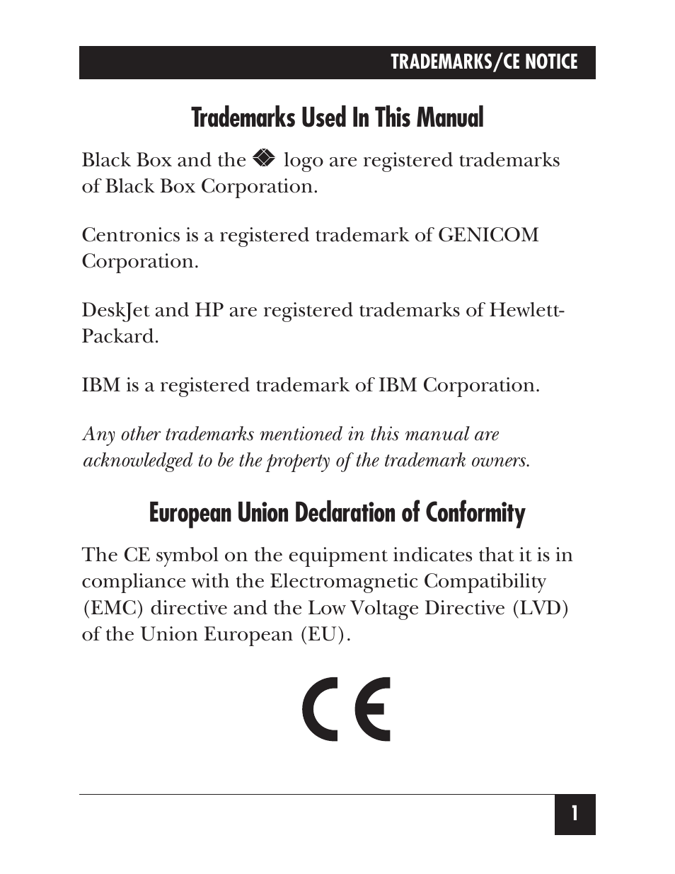 Trademarks used in this manual, European union declaration of conformity | Black Box SERIALPARALLEL CONVERTER IV PI126A User Manual | Page 4 / 21