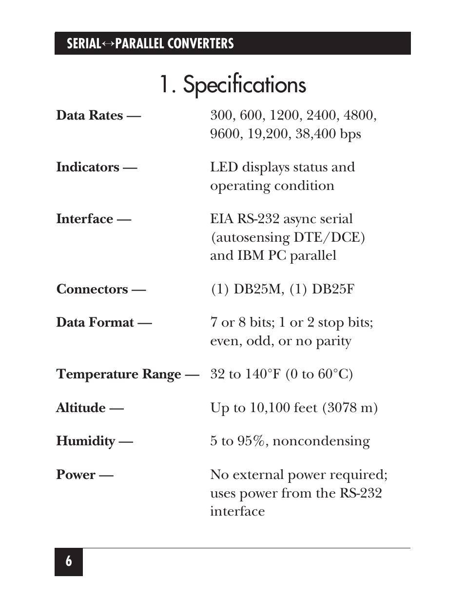 Specifications | Black Box SERIALPARALLEL CONVERTER IV PI126A User Manual | Page 9 / 21