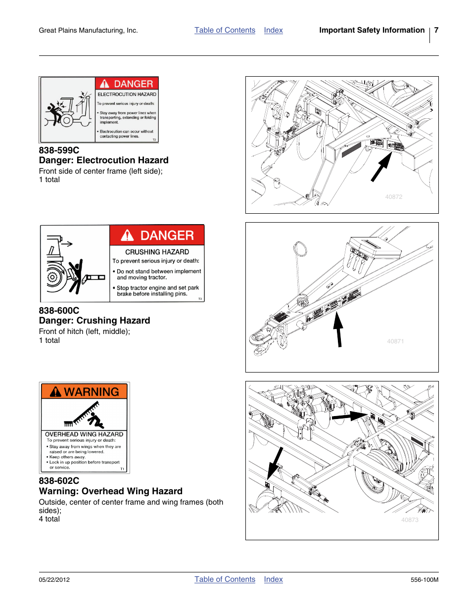 599c danger: electrocution hazard, 600c danger: crushing hazard, 602c warning: overhead wing hazard | Great Plains 4336 DH Operator Manual User Manual | Page 11 / 44