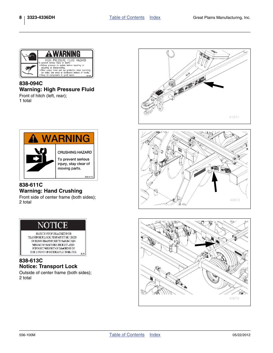 094c warning: high pressure fluid, 611c warning: hand crushing, 613c notice: transport lock | Great Plains 4336 DH Operator Manual User Manual | Page 12 / 44