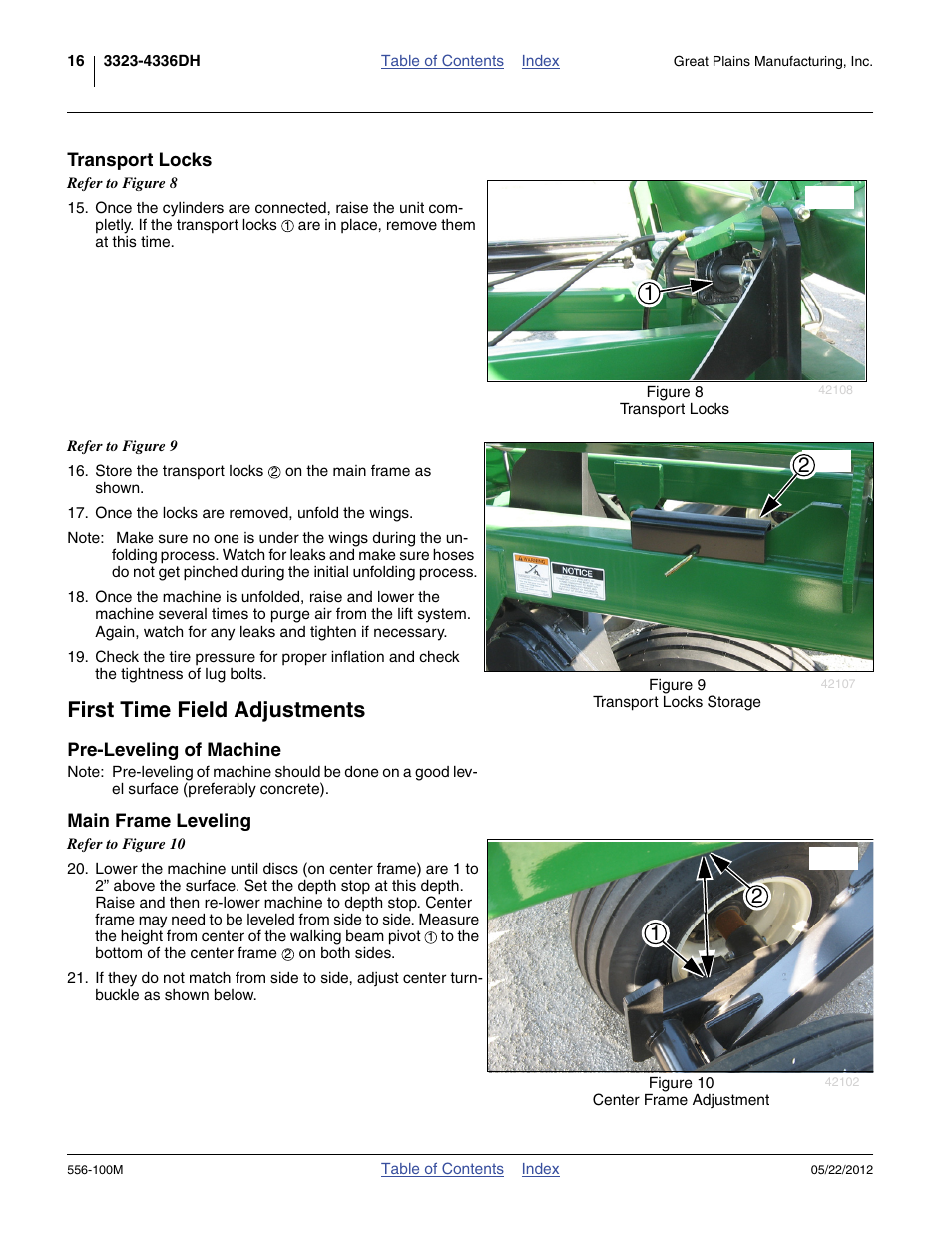 Transport locks, First time field adjustments, Pre-leveling of machine | Main frame leveling, Pre-leveling of machine main frame leveling | Great Plains 4336 DH Operator Manual User Manual | Page 20 / 44