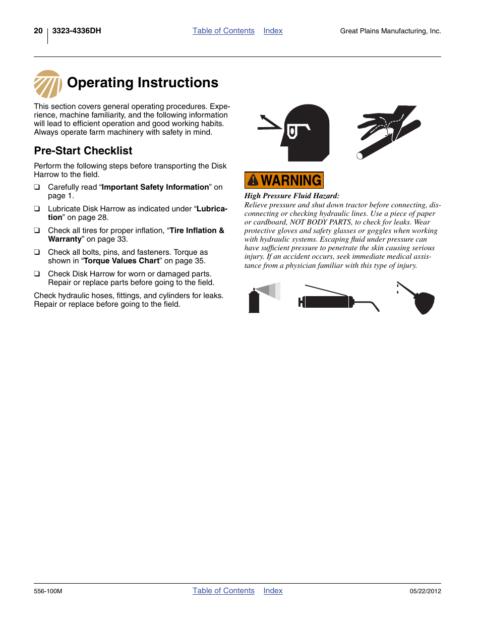 Operating instructions, Pre-start checklist, Operating instructions pre-start checklist | Great Plains 4336 DH Operator Manual User Manual | Page 24 / 44