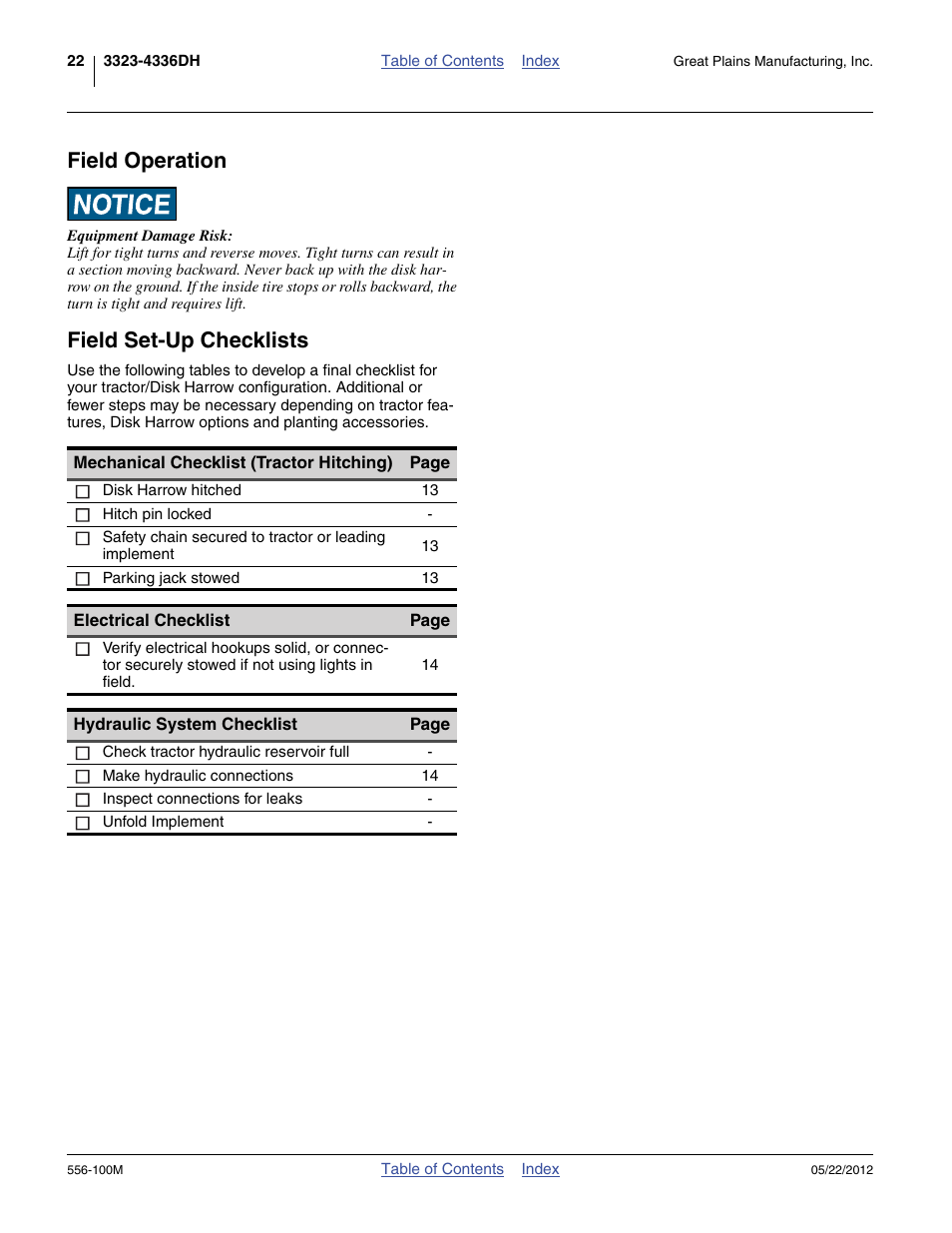 Field operation, Field set-up checklists, Field operation field set-up checklists | Great Plains 4336 DH Operator Manual User Manual | Page 26 / 44