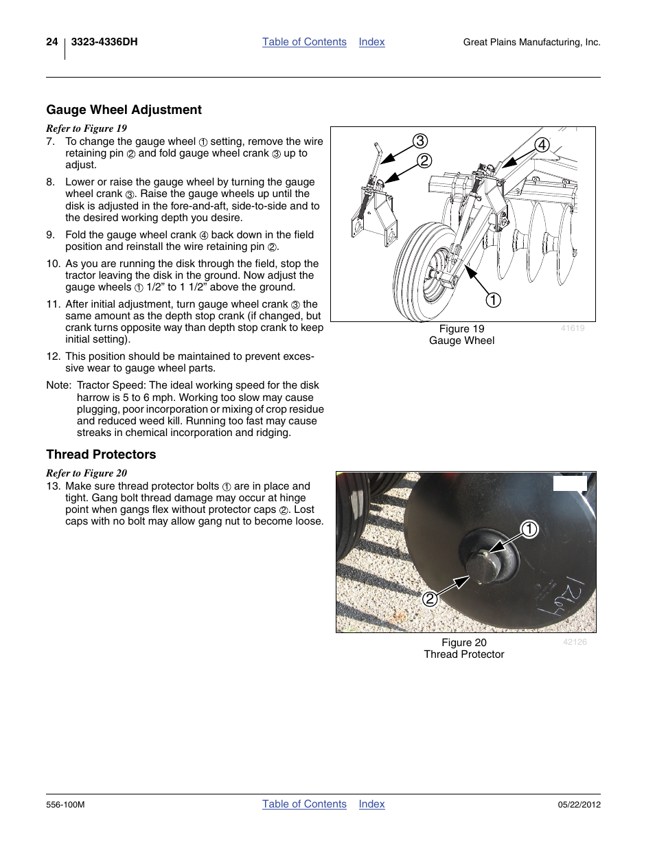 Gauge wheel adjustment, Thread protectors, Gauge wheel adjustment thread protectors | Great Plains 4336 DH Operator Manual User Manual | Page 28 / 44