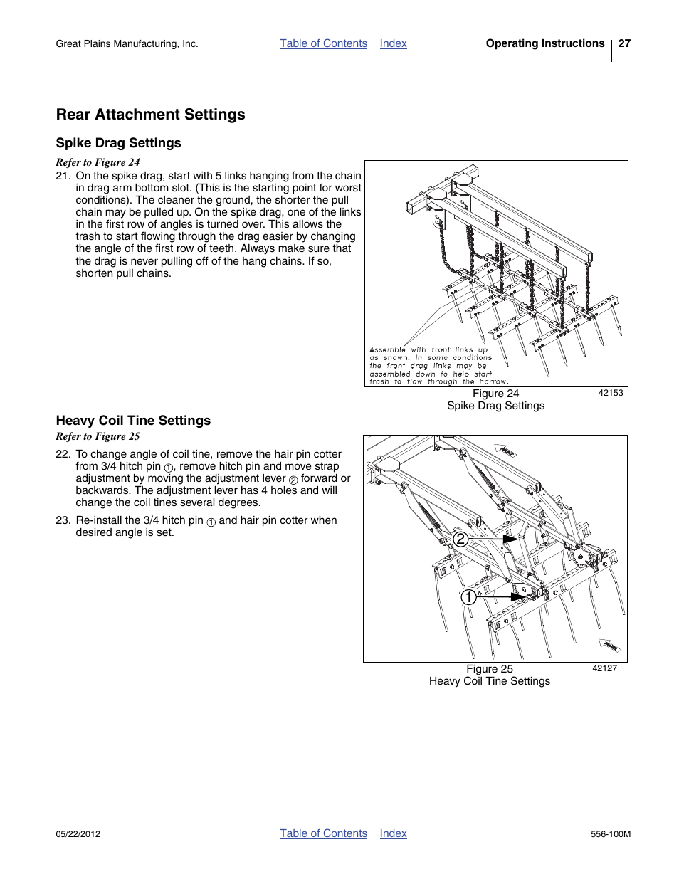 Rear attachment settings, Spike drag settings, Heavy coil tine settings | Spike drag settings heavy coil tine settings | Great Plains 4336 DH Operator Manual User Manual | Page 31 / 44