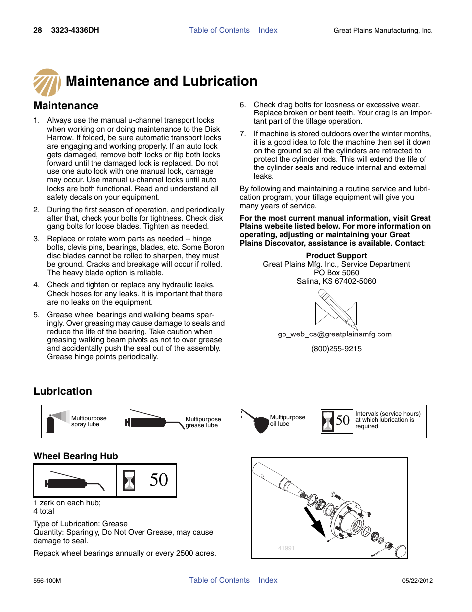 Maintenance and lubrication, Maintenance, Lubrication | Wheel bearing hub, W as indicated under “ lubrica | Great Plains 4336 DH Operator Manual User Manual | Page 32 / 44