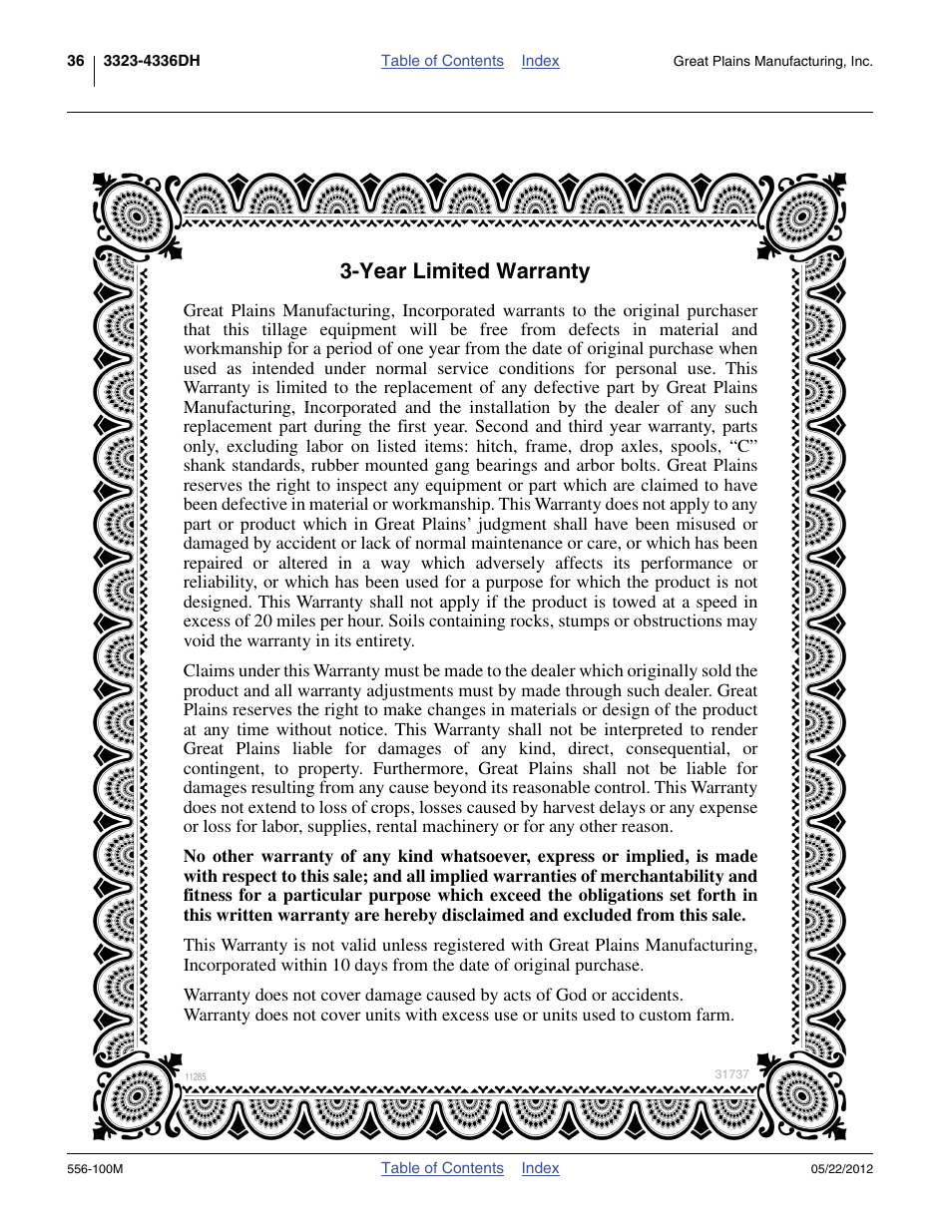 Year limited warranty | Great Plains 4336 DH Operator Manual User Manual | Page 40 / 44