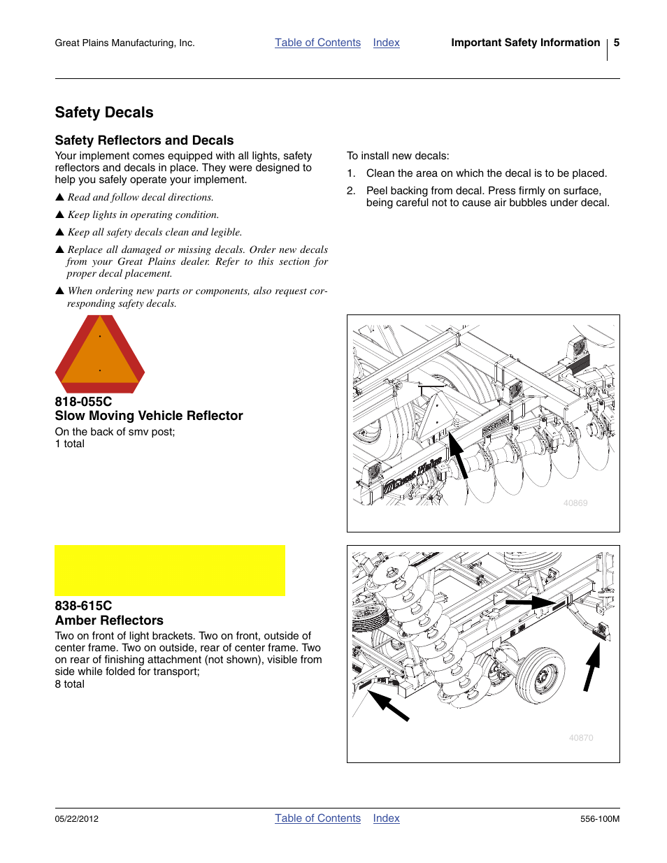 Safety decals, Safety reflectors and decals, 055c slow moving vehicle reflector | 615c amber reflectors | Great Plains 4336 DH Operator Manual User Manual | Page 9 / 44