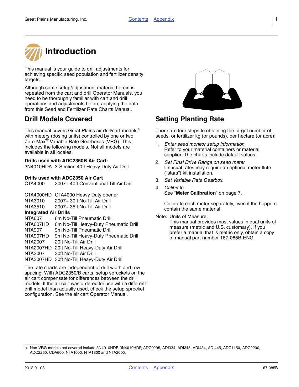 Introduction, Drill models covered, Setting planting rate | Great Plains NTA2007 Material Rate User Manual | Page 3 / 64