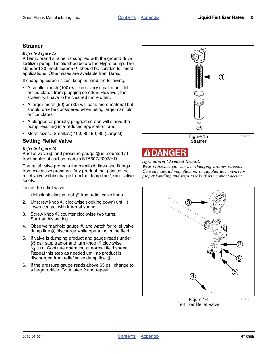Strainer, Setting relief valve, Strainer setting relief valve | Great Plains NTA2007 Material Rate User Manual | Page 35 / 64