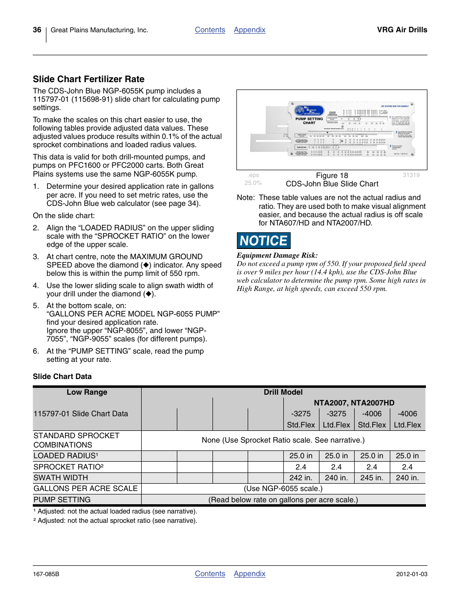 Slide chart fertilizer rate, Slide chart data | Great Plains NTA2007 Material Rate User Manual | Page 38 / 64