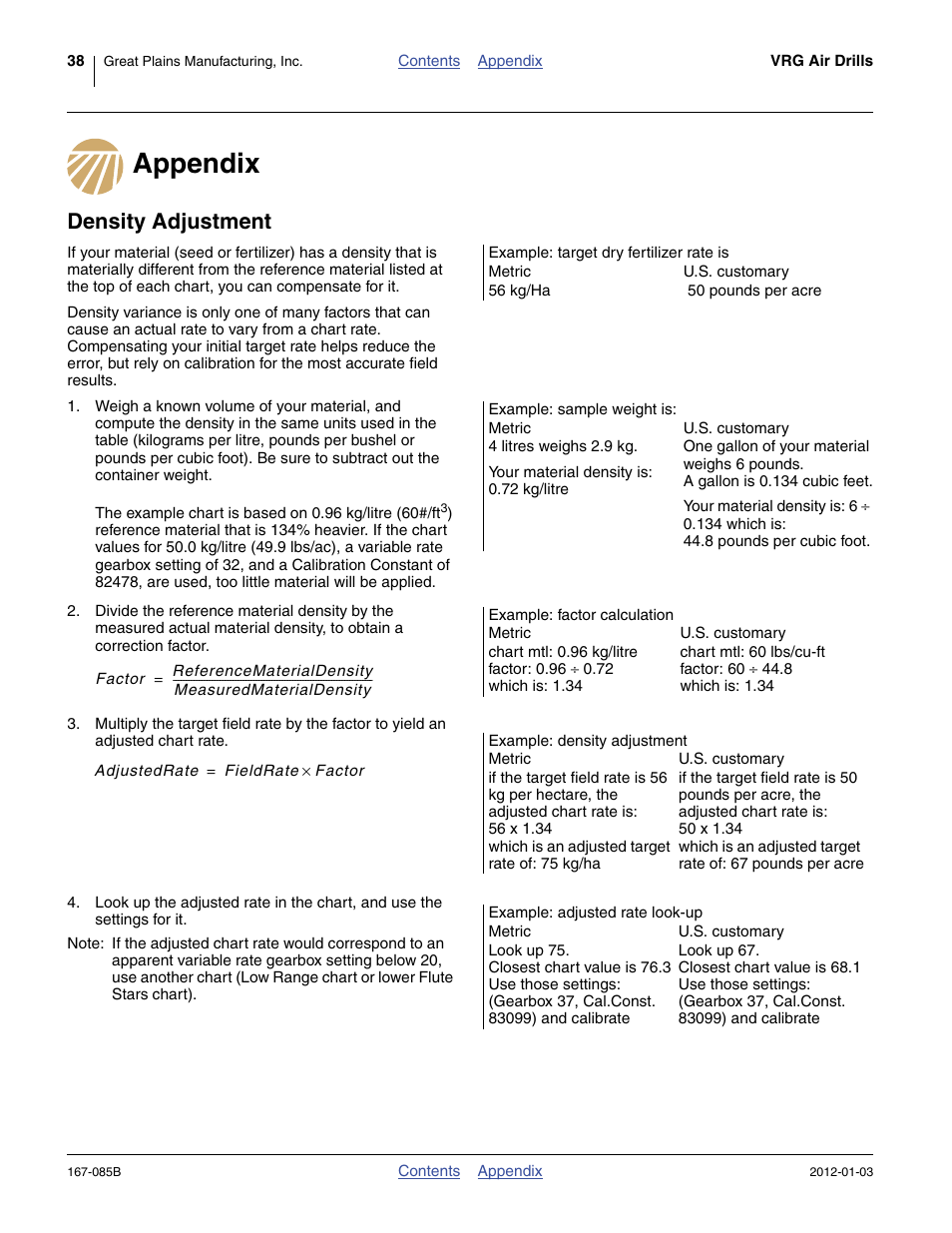 Appendix, Density adjustment, Appendix density adjustment | Great Plains NTA2007 Material Rate User Manual | Page 40 / 64