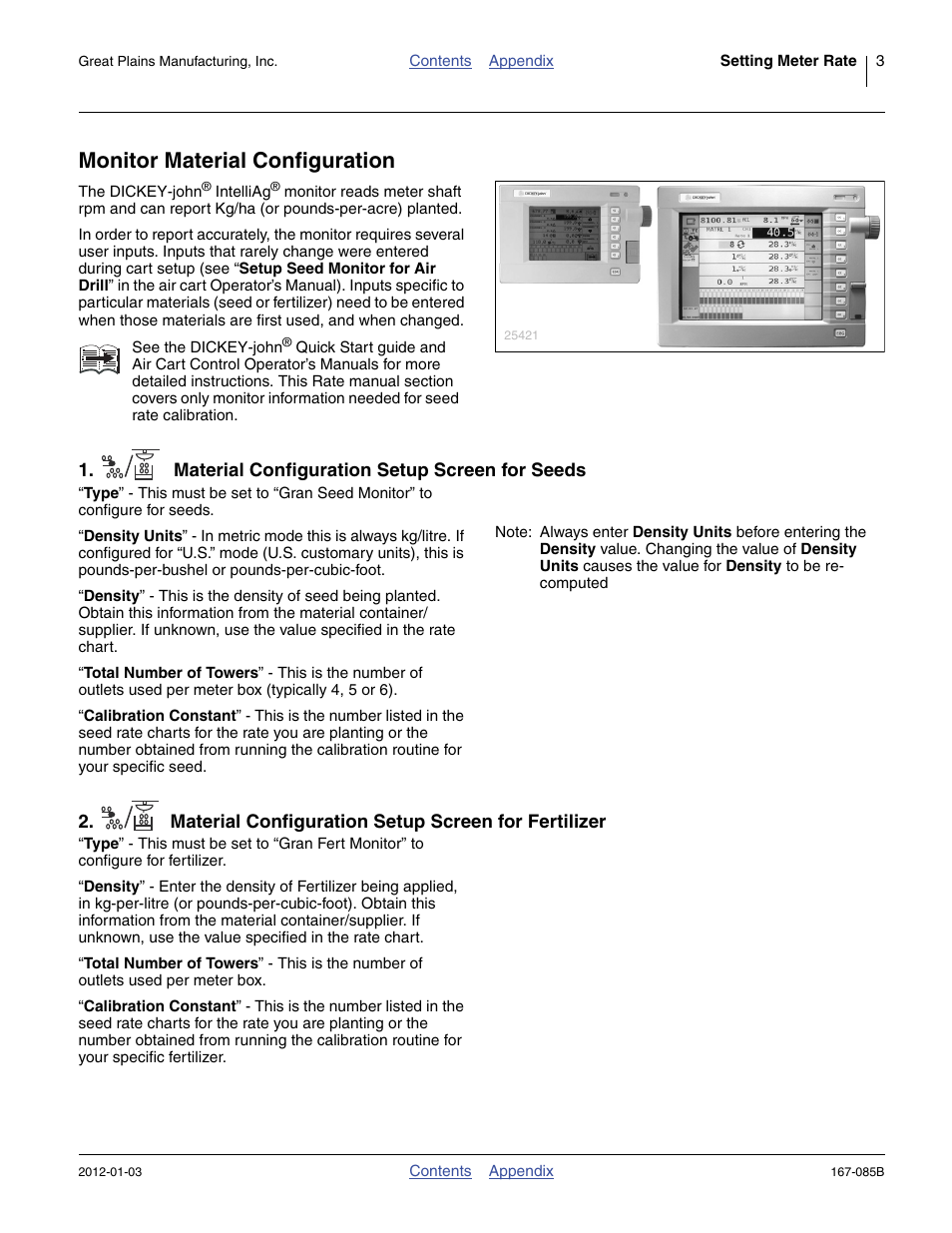 Monitor material configuration, Material configuration setup screen for seeds, Material configuration setup screen for fertilizer | Great Plains NTA2007 Material Rate User Manual | Page 5 / 64