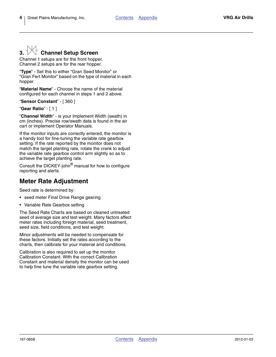 Channel setup screen, Meter rate adjustment | Great Plains NTA2007 Material Rate User Manual | Page 6 / 64
