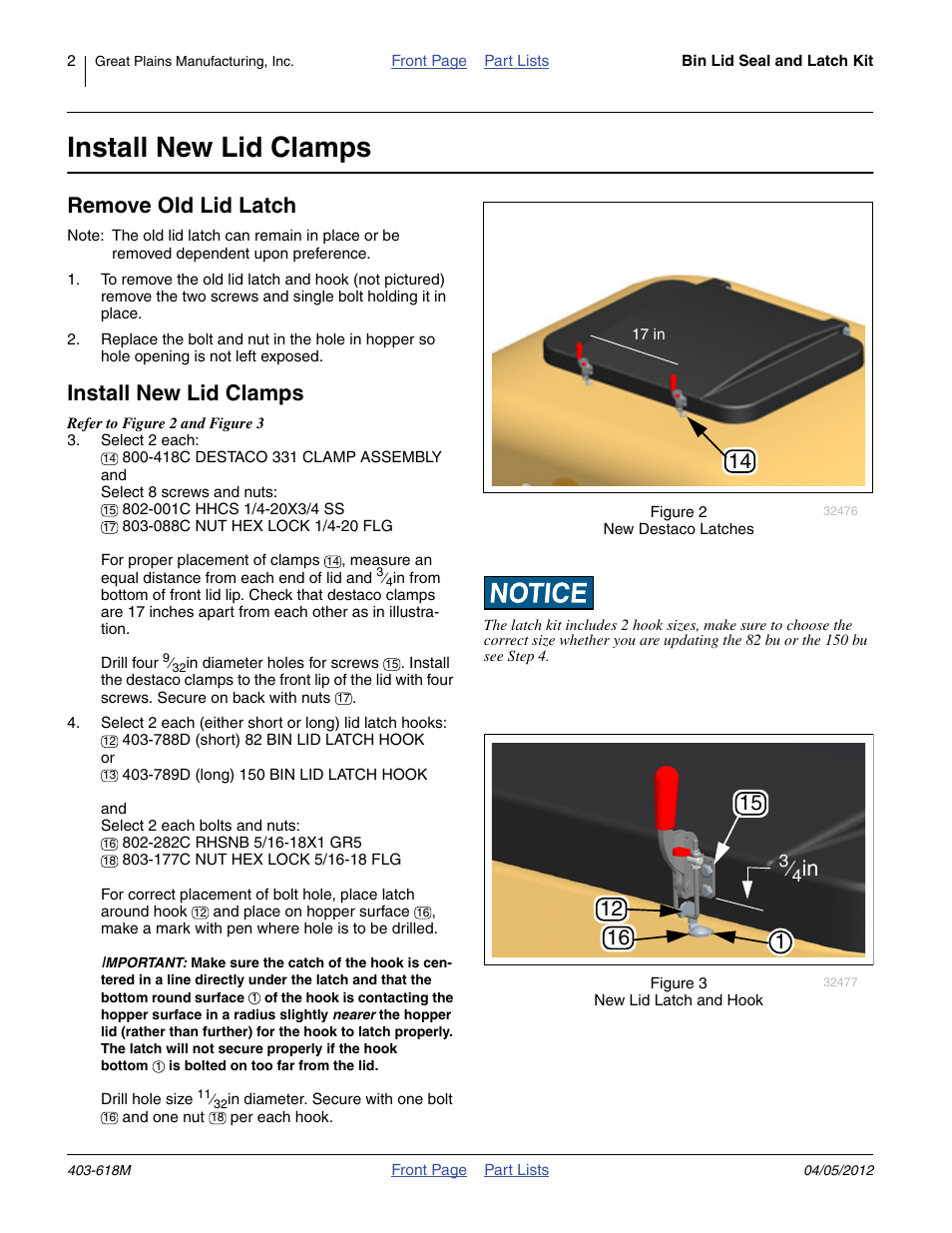 Install new lid clamps, Remove old lid latch | Great Plains Yield-Pro Planters Hopper Lid Seal Kit User Manual | Page 2 / 4