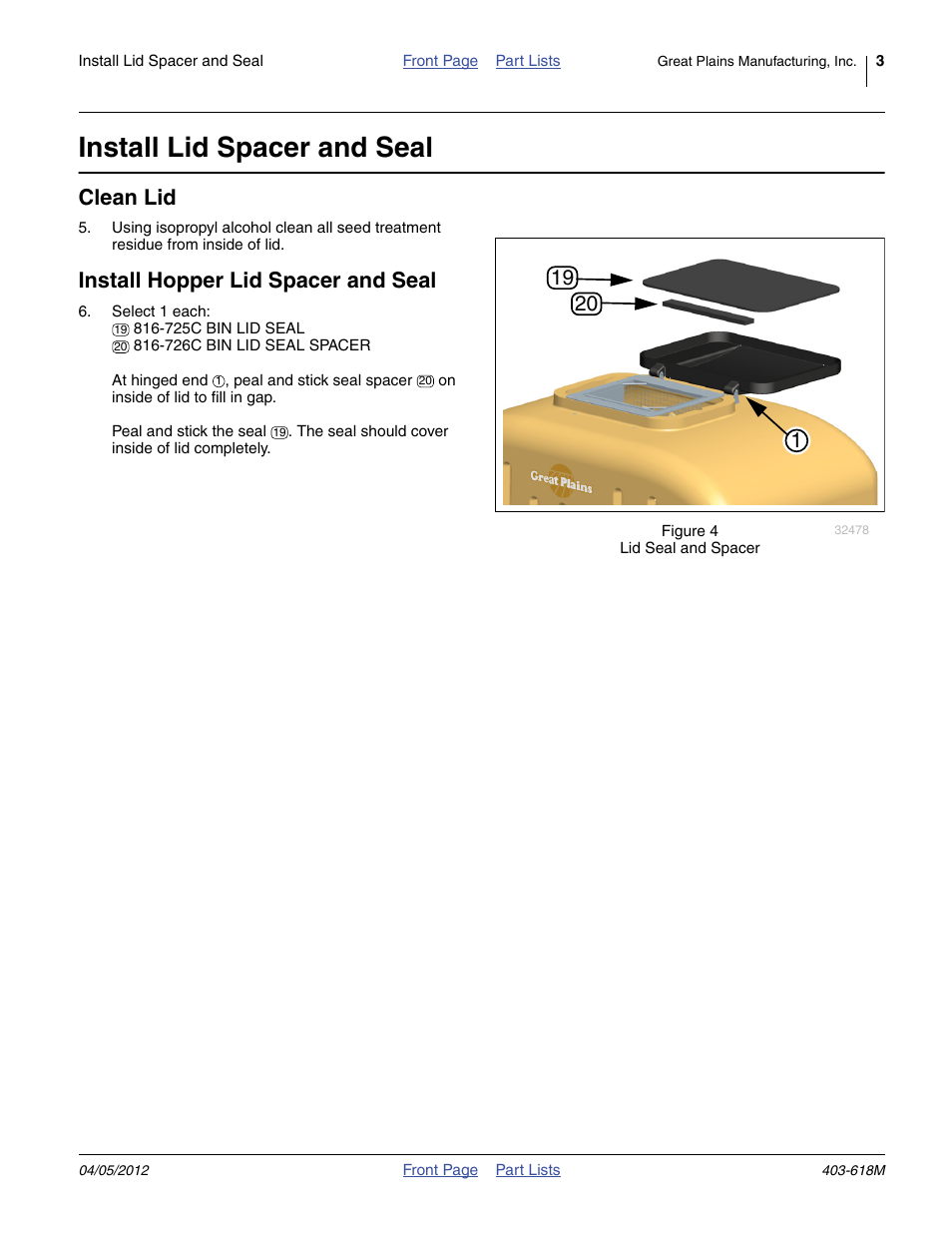 Install lid spacer and seal, Clean lid, Install hopper lid spacer and seal | Great Plains Yield-Pro Planters Hopper Lid Seal Kit User Manual | Page 3 / 4