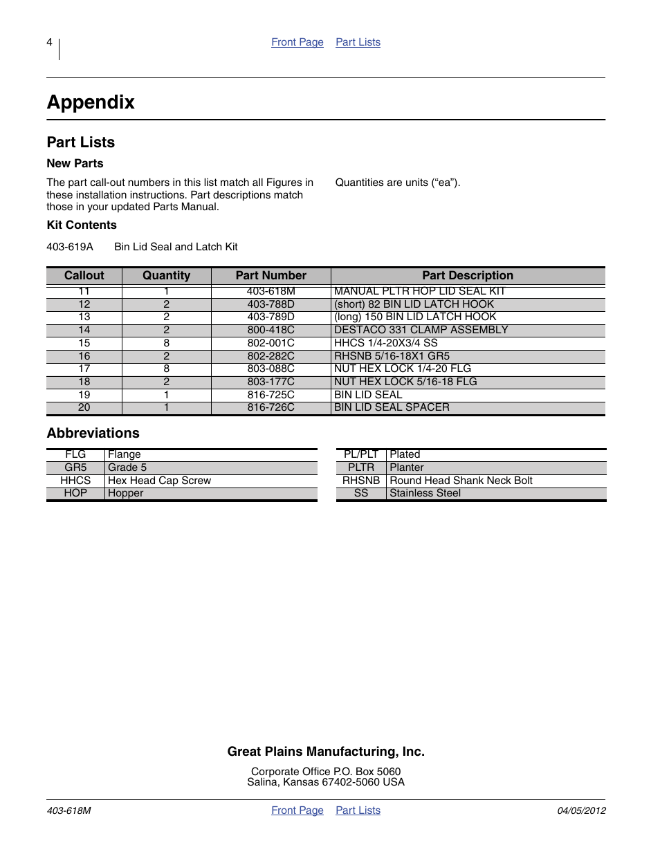 Appendix, Part lists, Ange 11 to 20 ref | 418c destaco 331 clamp assembly, Measure an, Install, 788d (short) 82 bin lid latch hook, 789d (long) 150 bin lid latch hook, And place on hopper surf, Per each hook | Great Plains Yield-Pro Planters Hopper Lid Seal Kit User Manual | Page 4 / 4