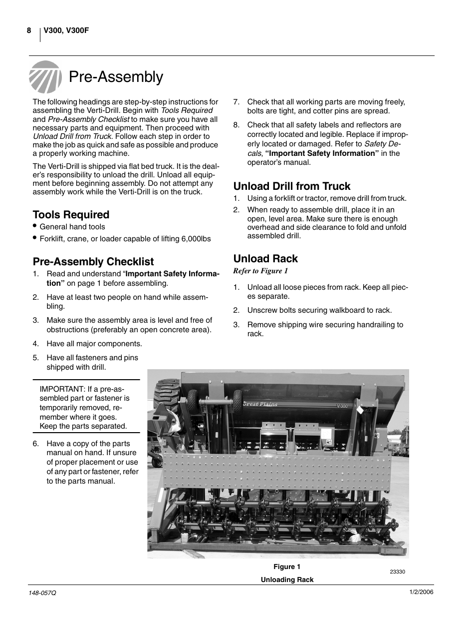 Pre-assembly, Tools required, Pre-assembly checklist | Unload drill from truck, Unload rack | Great Plains V-300F Predelivery Manual User Manual | Page 10 / 40