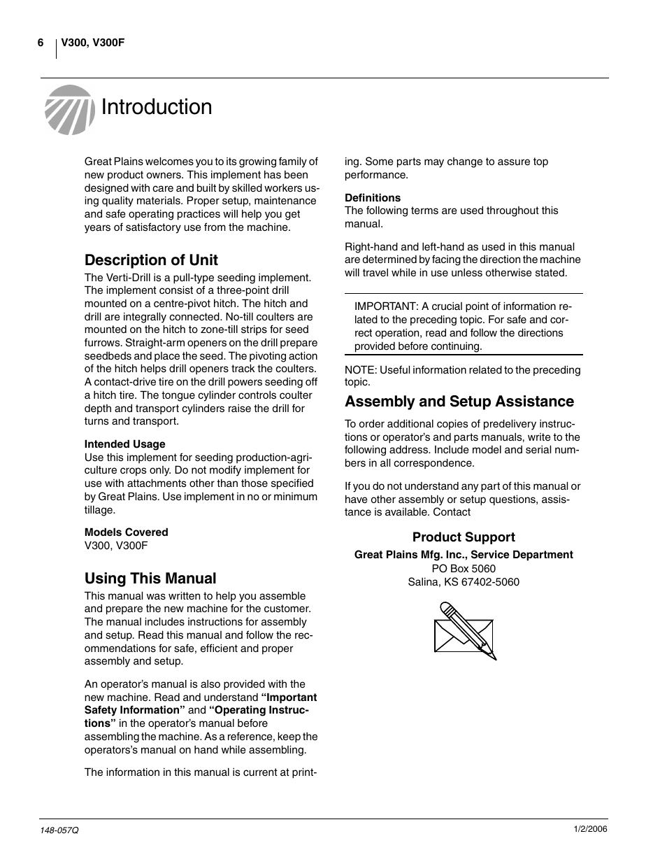 Introduction, Description of unit, Intended usage | Models covered, Using this manual, Definitions, Assembly and setup assistance | Great Plains V-300F Predelivery Manual User Manual | Page 8 / 40