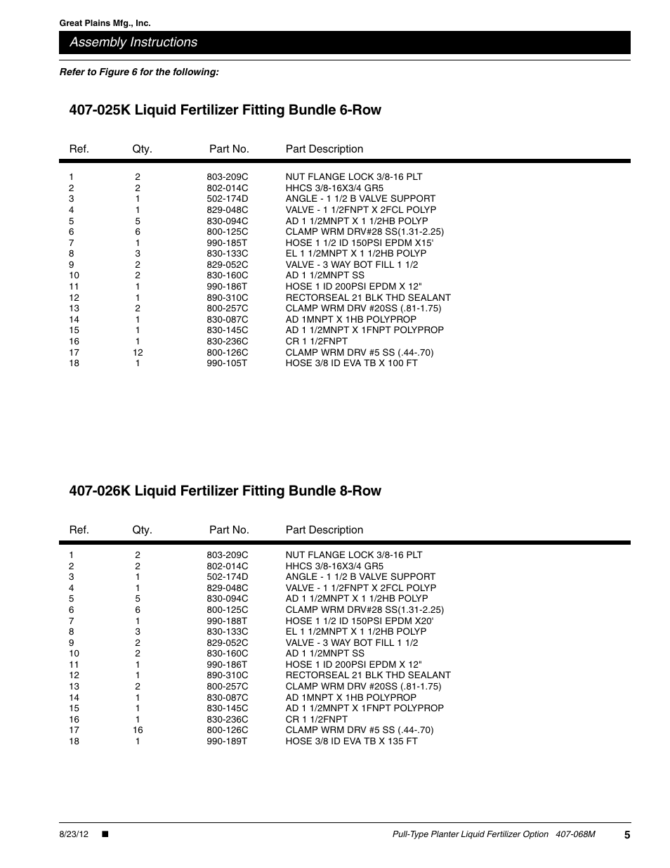 025k liquid fertilizer fitting bundle 6-row, 026k liquid fertilizer fitting bundle 8-row, Assembly instructions | Great Plains PL8030 User Manual | Page 5 / 7