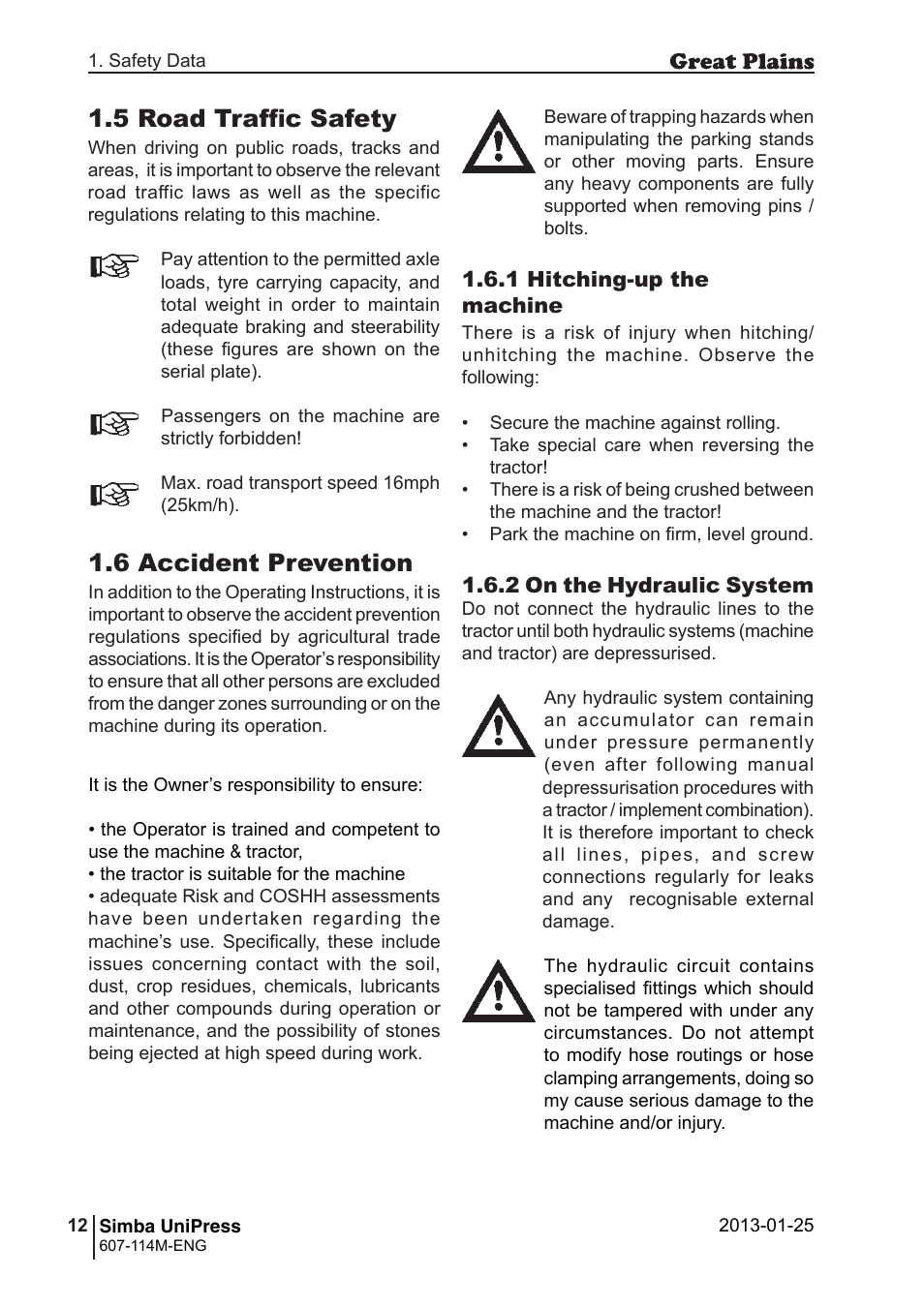 5 road traffic safety, 6 accident prevention | Great Plains Simba UniPress Operator Manual User Manual | Page 12 / 40