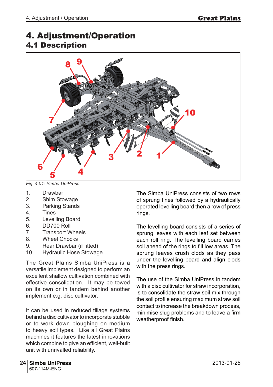 Adjustment/operation, 1 description | Great Plains Simba UniPress Operator Manual User Manual | Page 24 / 40