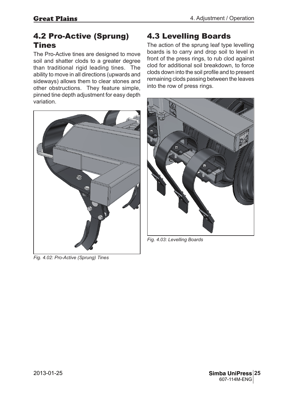 2 pro-active (sprung) tines, 3 levelling boards | Great Plains Simba UniPress Operator Manual User Manual | Page 25 / 40