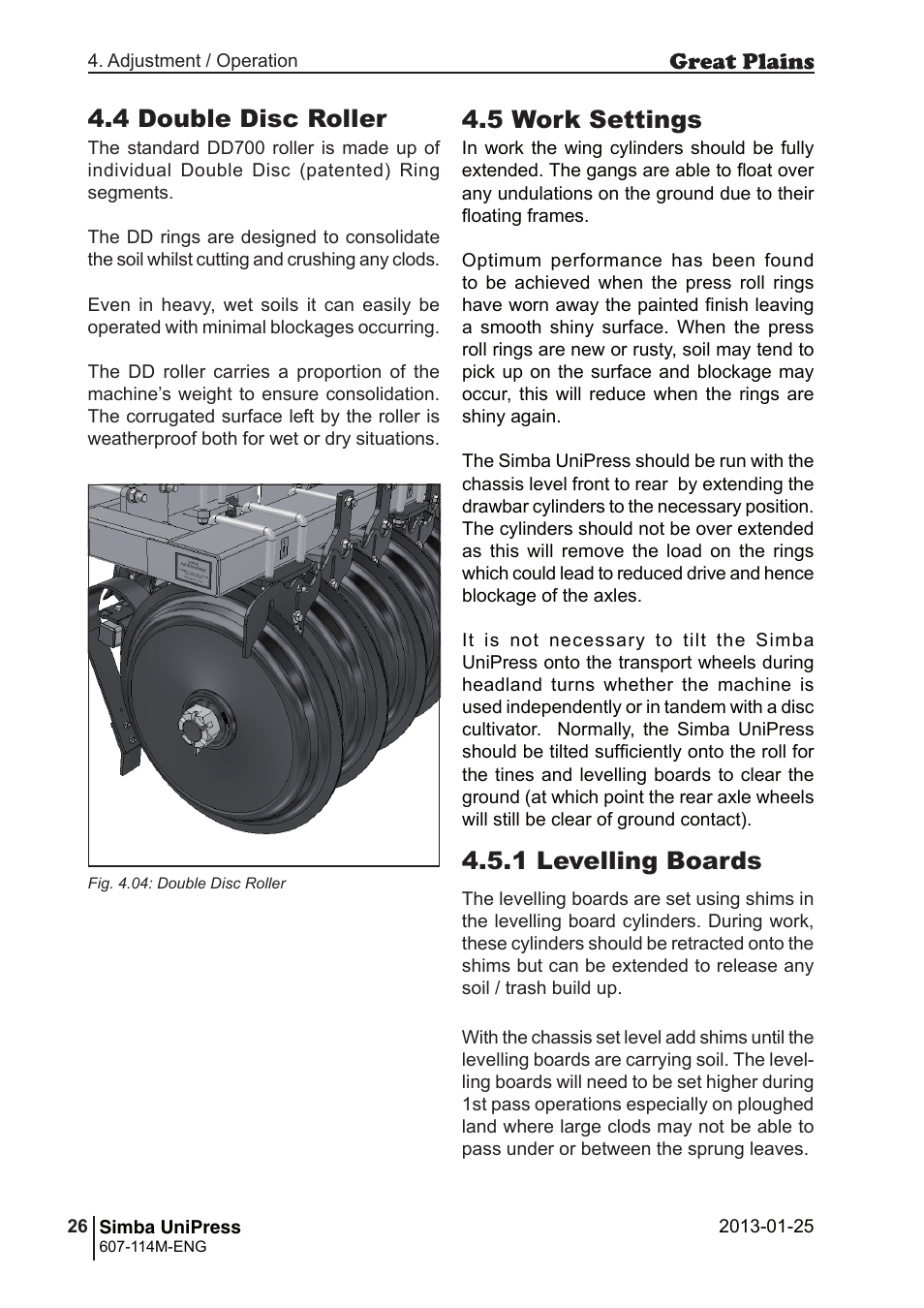 4 double disc roller, 5 work settings, 1 levelling boards | Great Plains Simba UniPress Operator Manual User Manual | Page 26 / 40