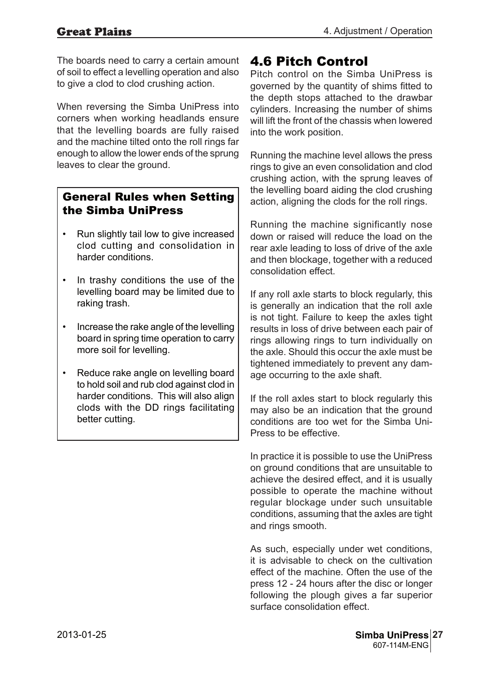 6 pitch control | Great Plains Simba UniPress Operator Manual User Manual | Page 27 / 40