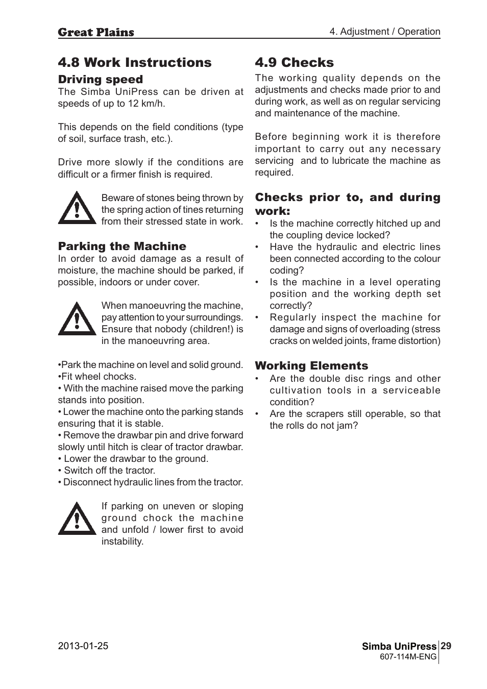 8 work instructions, 9 checks | Great Plains Simba UniPress Operator Manual User Manual | Page 29 / 40