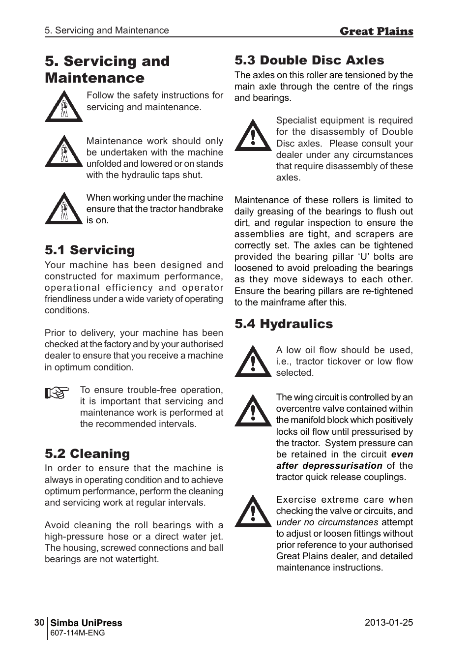 Servicing and maintenance, 4 hydraulics, 1 servicing | 2 cleaning, 3 double disc axles | Great Plains Simba UniPress Operator Manual User Manual | Page 30 / 40