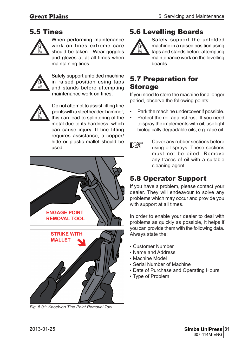 8 operator support, 7 preparation for storage, 5 tines | 6 levelling boards | Great Plains Simba UniPress Operator Manual User Manual | Page 31 / 40