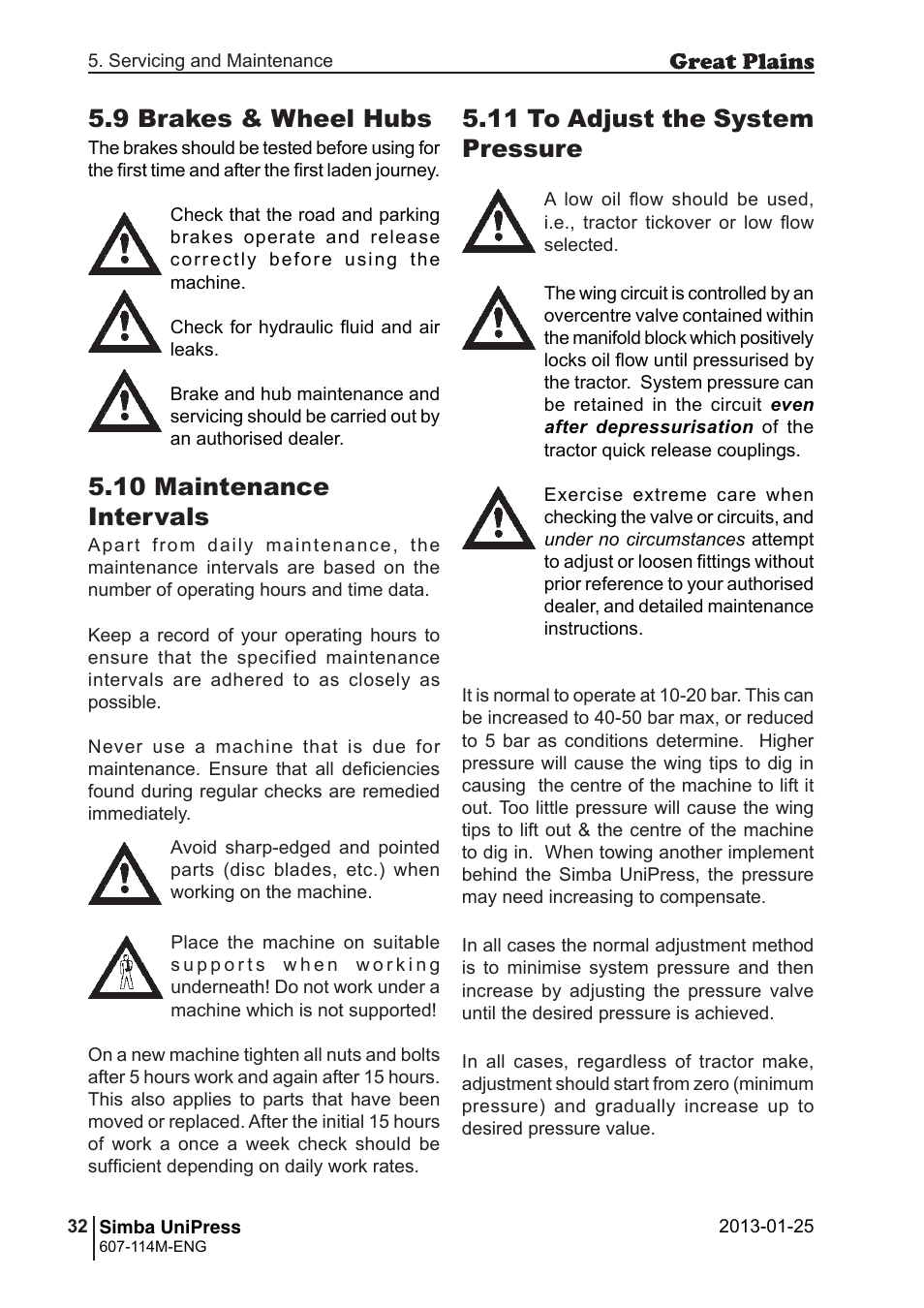 10 maintenance intervals, 11 to adjust the system pressure, 9 brakes & wheel hubs | Great Plains Simba UniPress Operator Manual User Manual | Page 32 / 40