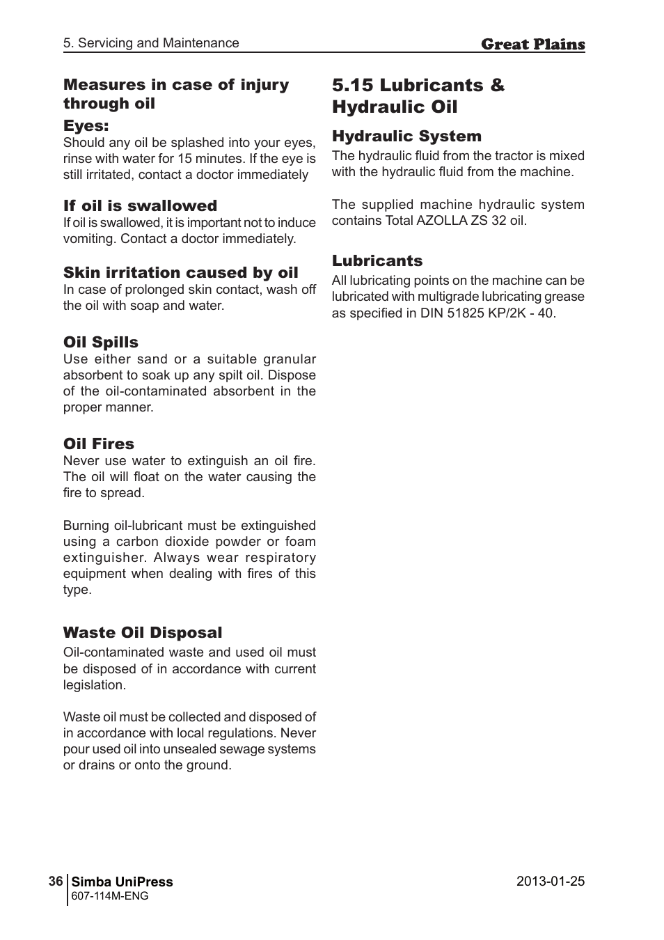 15 lubricants & hydraulic oil | Great Plains Simba UniPress Operator Manual User Manual | Page 36 / 40