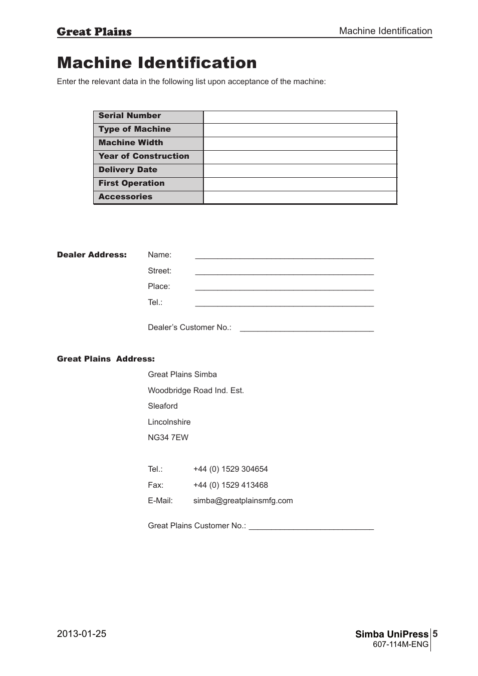 Machine identification | Great Plains Simba UniPress Operator Manual User Manual | Page 5 / 40