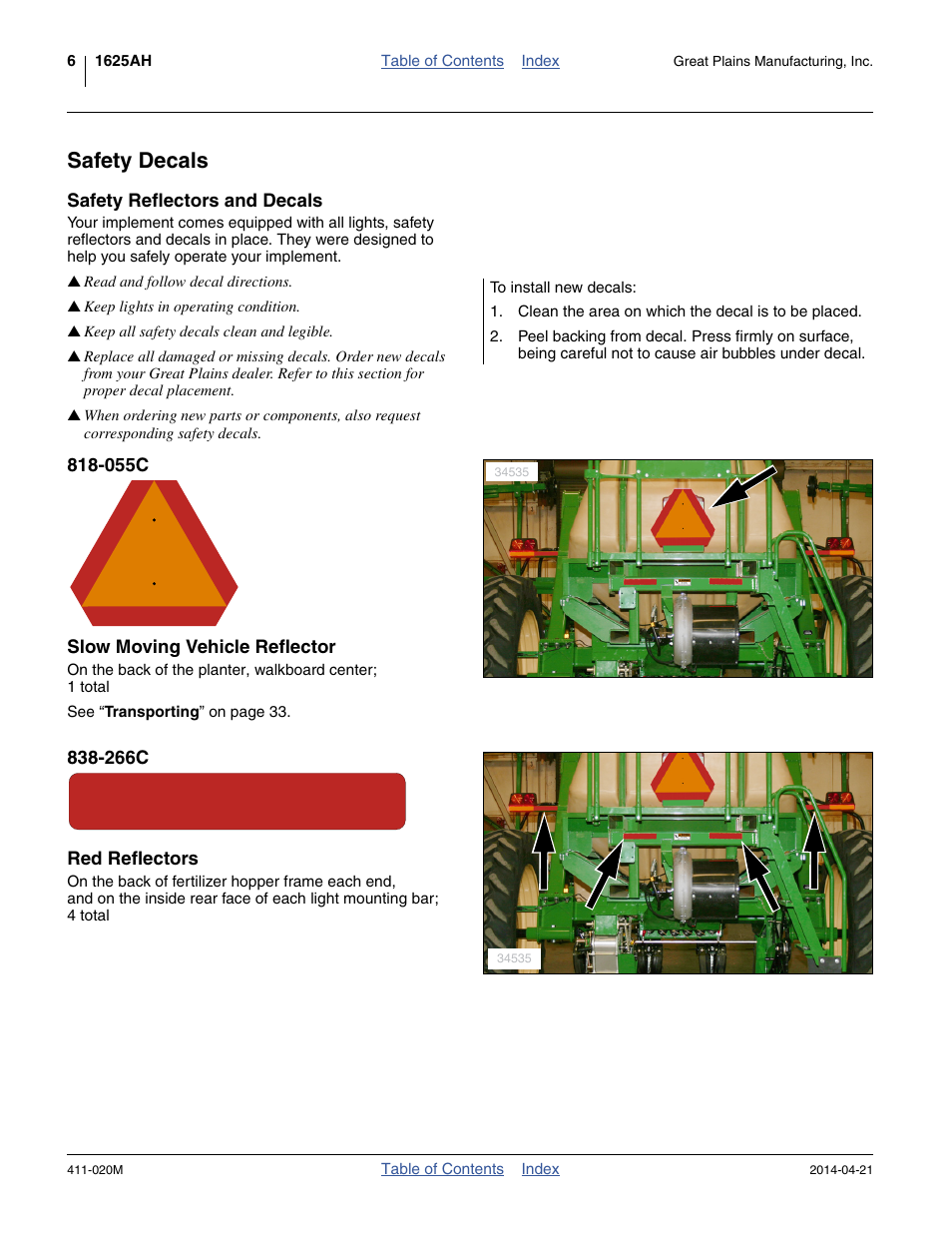 Safety decals, Safety reflectors and decals, 055c slow moving vehicle reflector | 266c red reflectors | Great Plains 1625AHL Operator Manual User Manual | Page 10 / 176