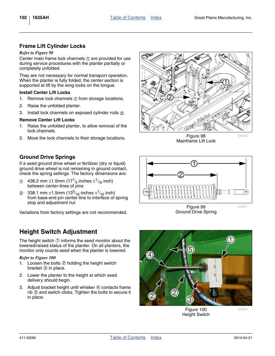Frame lift cylinder locks, Install center lift locks, Remove center lift locks | Ground drive springs, Height switch adjustment, Frame lift cylinder locks ground drive springs | Great Plains 1625AHL Operator Manual User Manual | Page 106 / 176