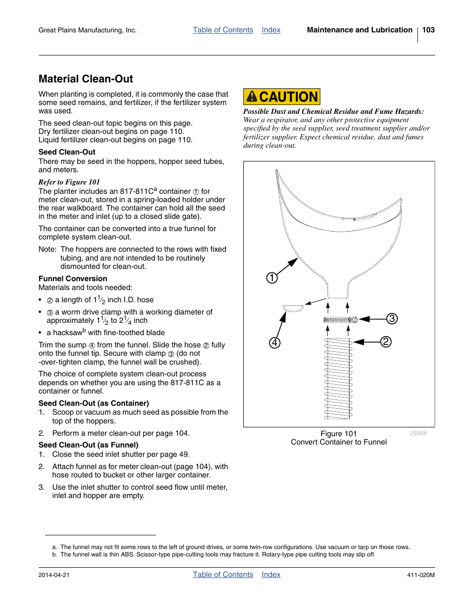 Material clean-out, Seed clean-out, Funnel conversion | Seed clean-out (as container), Seed clean-out (as funnel), Seed clean-out funnel conversion | Great Plains 1625AHL Operator Manual User Manual | Page 107 / 176
