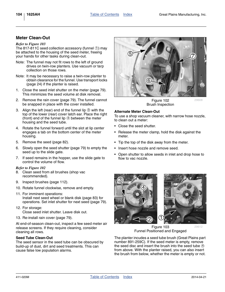 Meter clean-out, Alternate meter clean-out, Seed tube clean-out | Alternate meter clean-out seed tube clean-out | Great Plains 1625AHL Operator Manual User Manual | Page 108 / 176