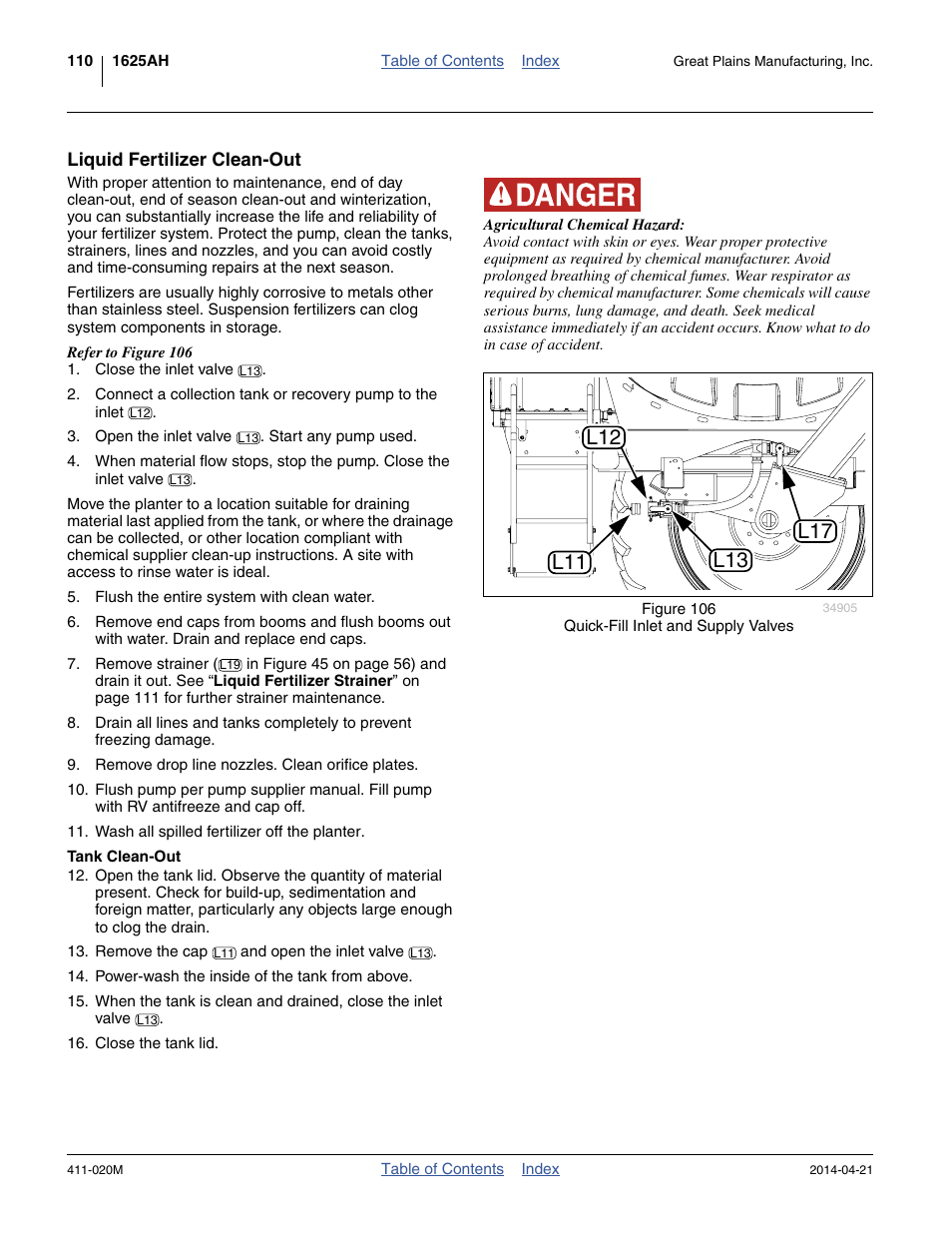 Liquid fertilizer clean-out, Tank clean-out | Great Plains 1625AHL Operator Manual User Manual | Page 114 / 176