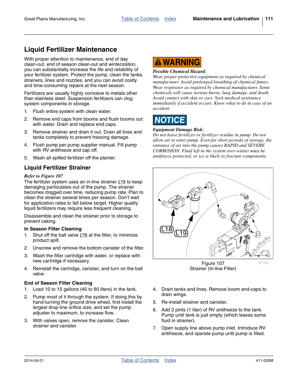 Liquid fertilizer maintenance, Liquid fertilizer strainer, In season filter cleaning | End of season filter cleaning, L19 l18 | Great Plains 1625AHL Operator Manual User Manual | Page 115 / 176