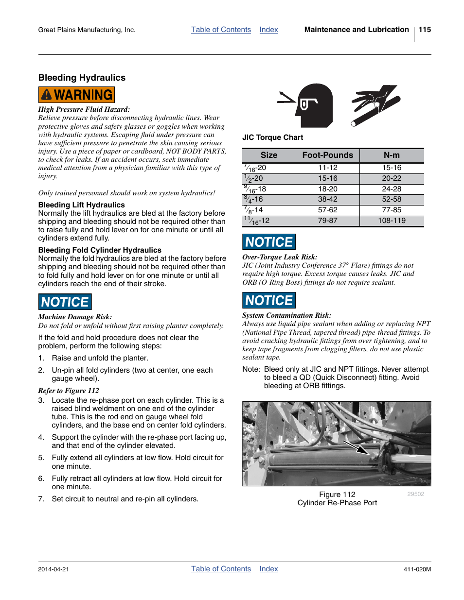 Bleeding hydraulics, Bleeding lift hydraulics, Bleeding fold cylinder hydraulics | Great Plains 1625AHL Operator Manual User Manual | Page 119 / 176