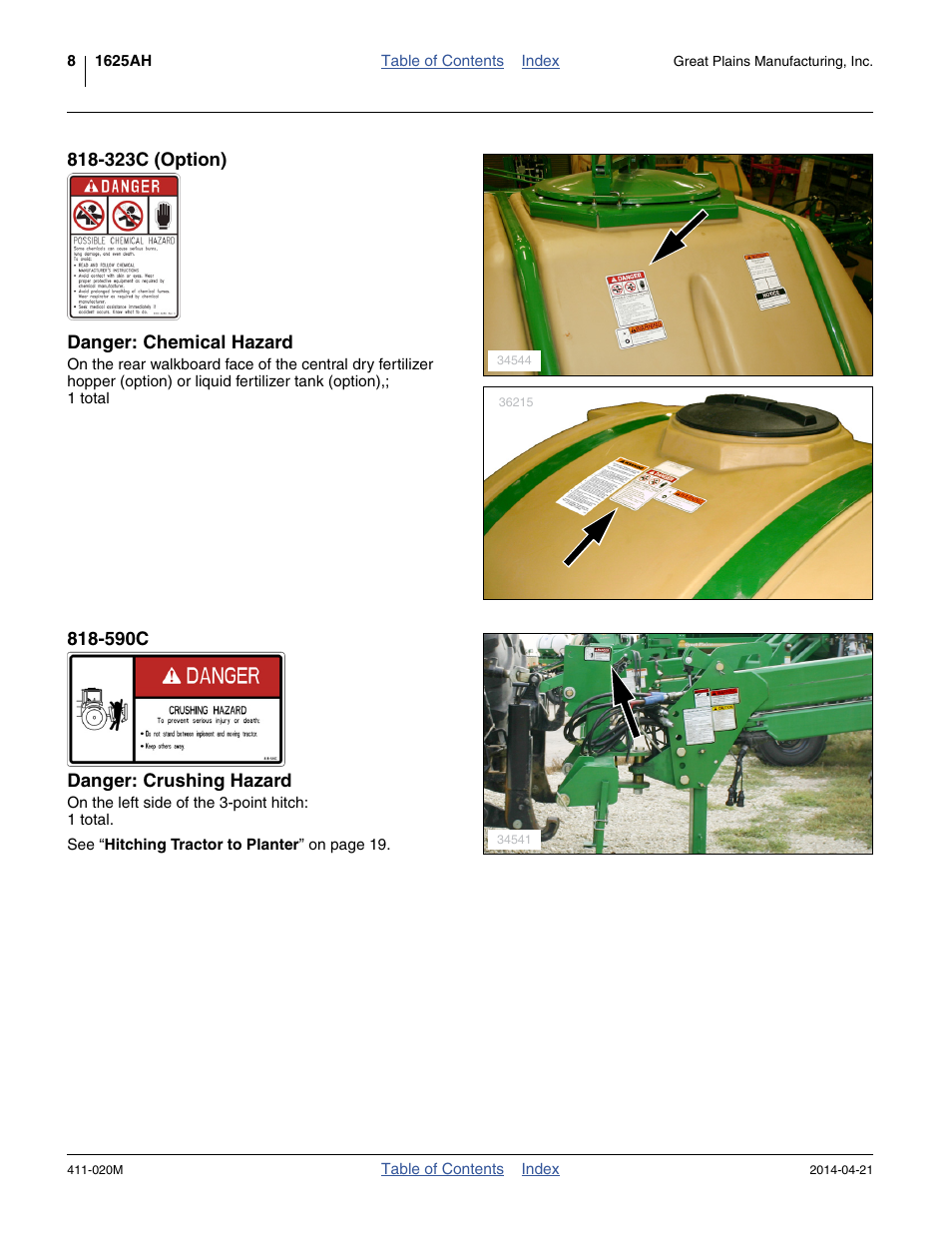 323c (option) danger: chemical hazard, 590c danger: crushing hazard | Great Plains 1625AHL Operator Manual User Manual | Page 12 / 176