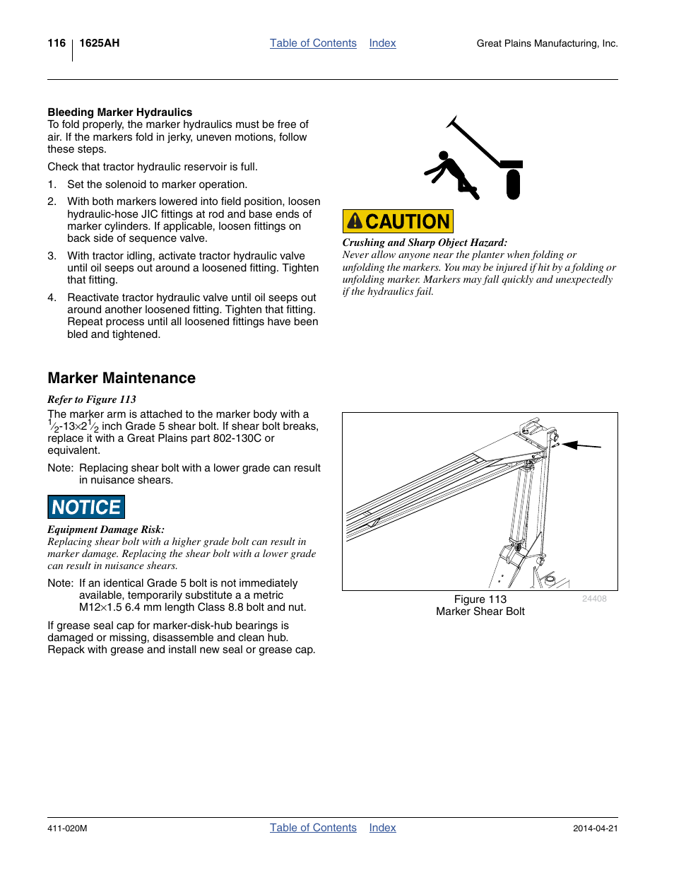 Bleeding marker hydraulics, Marker maintenance | Great Plains 1625AHL Operator Manual User Manual | Page 120 / 176
