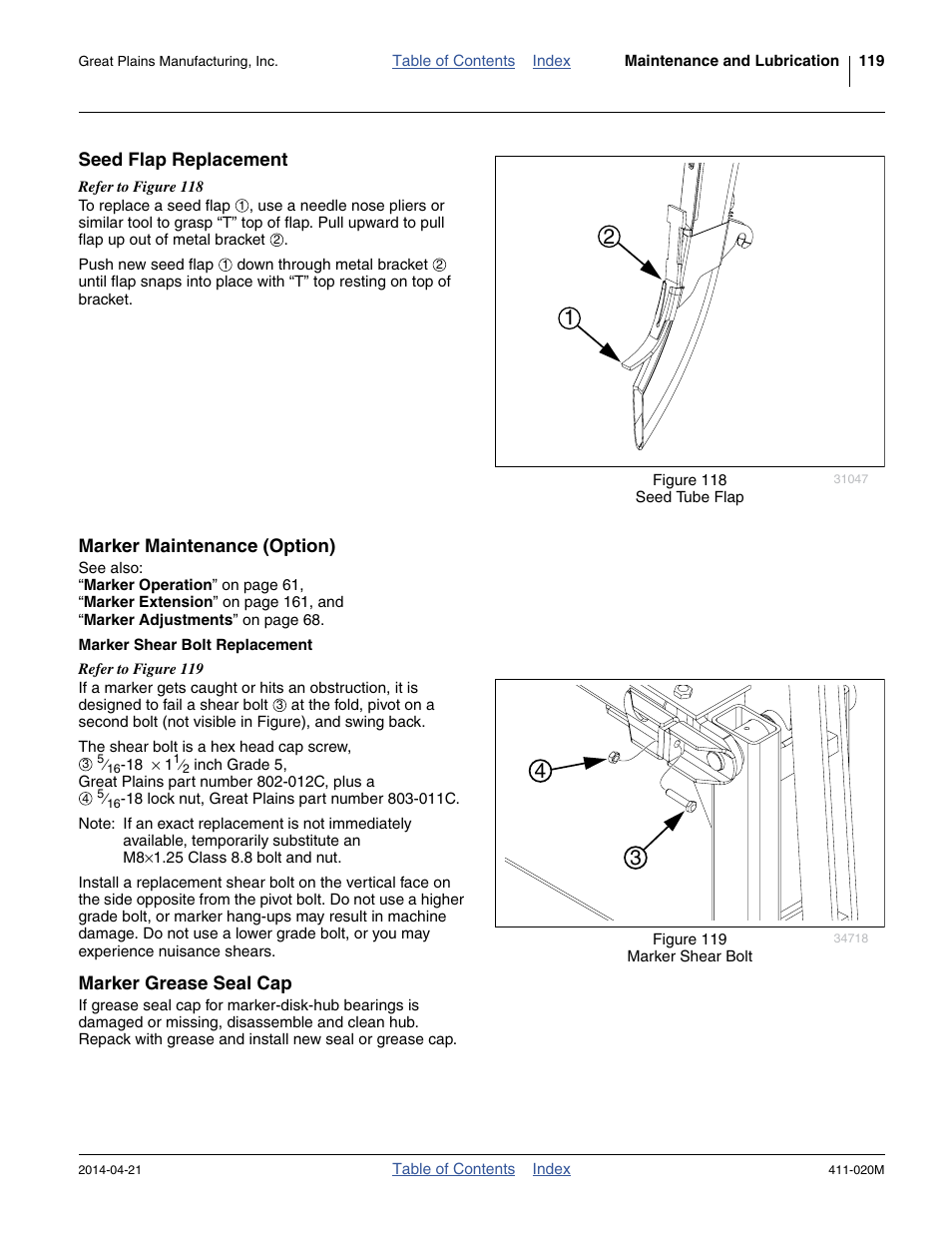 Seed flap replacement, Marker maintenance (option), Marker shear bolt replacement | Marker grease seal cap | Great Plains 1625AHL Operator Manual User Manual | Page 123 / 176
